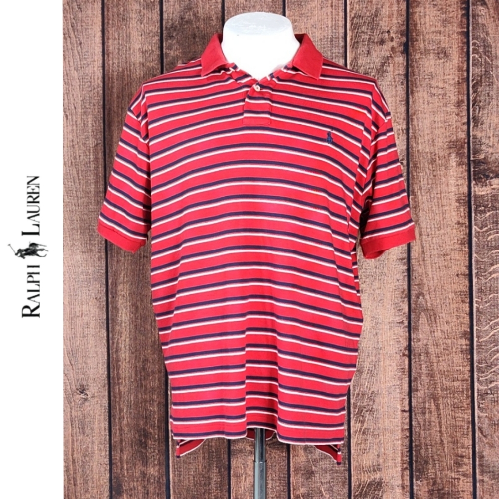Vtg White and Blue Striped Red Polo With Blue Pony Like New